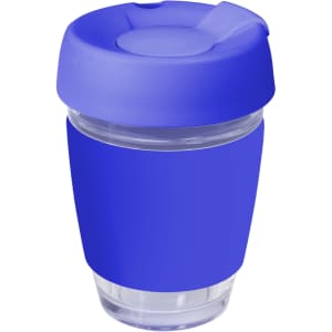 A drink bottle featuring a transparent glass body with a vibrant blue silicone lid and band.