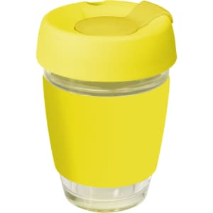 A drink bottle featuring a clear glass body with a bright yellow silicone lid and band. Suitable for hot beverages.