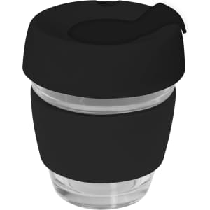 A glass coffee cup in clear and black, featuring a silicone lid and band.