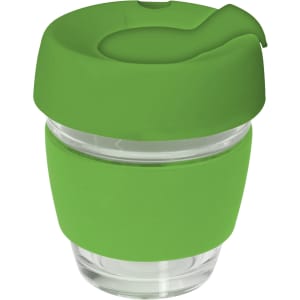 A green glass coffee cup with a silicone lid and band, featuring a modern design.