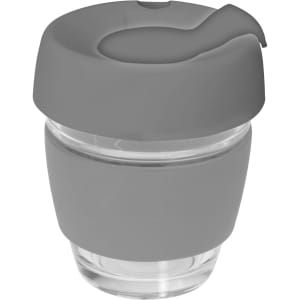 A drink bottle featuring a grey silicone lid and band with a clear glass body, designed for reusable coffee.