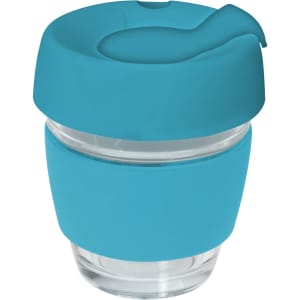 A drink bottle featuring a transparent glass body with a teal silicone lid and band. It has a logo on the side.