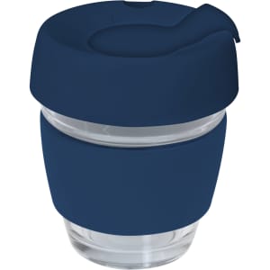 A glass coffee cup with a dark blue silicone lid and band, designed for reusable drinkware.