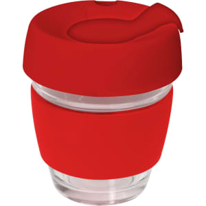 A drink bottle featuring a clear glass body with a vibrant red silicone lid and band. It has a logo on the side.