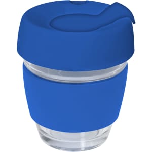 A drink bottle featuring a transparent glass body with a blue silicone lid and band, suitable for reusable coffee.