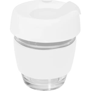 A reusable coffee cup made of glass, featuring a white silicone lid and band, with a capacity of 240ml.