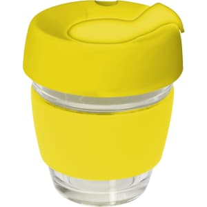 A drink bottle featuring a clear glass body with a bright yellow silicon lid and band. It includes a logo.