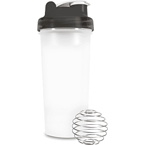 A drink bottle with a black lid and a transparent body, accompanied by a stainless steel mixing ball.