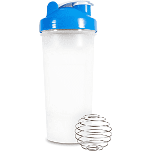 A drink bottle featuring a white body and a blue lid, accompanied by a metal whisk ball.