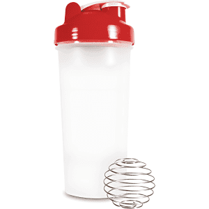A drink bottle with a white body and red lid, accompanied by a stainless steel mixing ball.