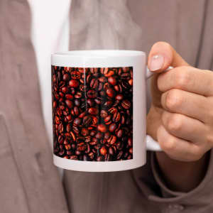 A white mug featuring a design of coffee beans, being held by a person with steam rising from it.