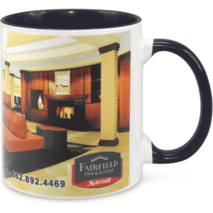 A coffee mug featuring a black handle and interior, displaying a promotional design with a logo.
