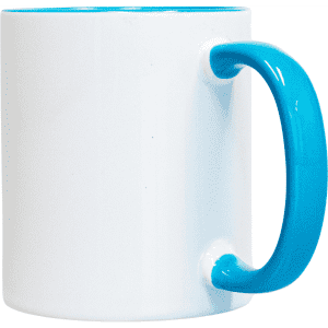 A two-tone sublimation mug featuring a white body and a blue handle and interior. It includes a logo.