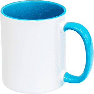 A drinkware mug with a white exterior and a blue handle and interior, featuring a logo. Capacity of 330ml.