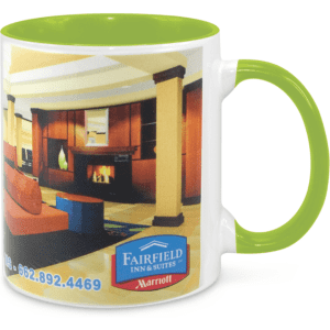 A two-tone sublimation mug featuring a green handle and inner, displaying an image and a logo.
