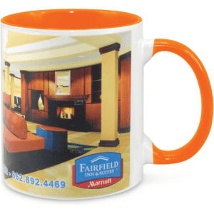 A two-tone coffee mug featuring an orange interior and handle, with a white exterior showcasing an image and logo.