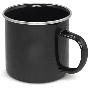 A black enamel camping mug with a silver rim and a sturdy handle, suitable for outdoor use.