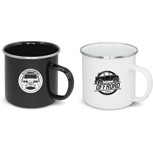 A drinking mug set featuring a black and a white enamel camping mug, both with logos.