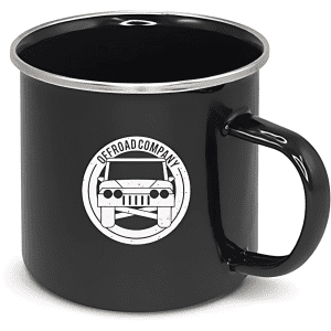 A black enamel camping mug with a silver rim and a logo on the side.