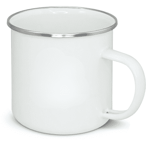 A white enamel camping mug with a silver rim and a handle, featuring a plain design without any branding.