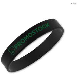 A black silicone wristband featuring a logo in green.