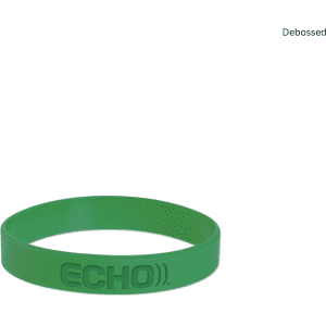 A green silicone wristband featuring a debossed logo.