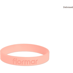 A pink silicone wristband featuring a logo, smooth surface, and a debossed design.
