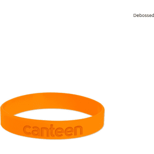 An orange silicone wristband featuring a debossed logo.