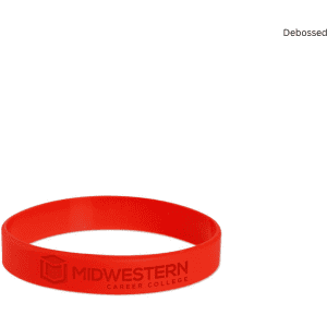 A red silicone wristband with a debossed logo, featuring a smooth surface and circular design.