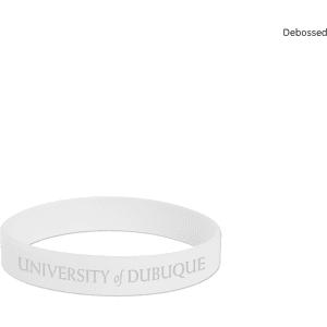 A white silicone wristband featuring debossed text and a logo.