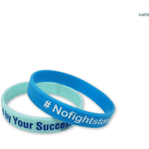 Two silicone wristbands in blue and light blue, featuring different phrases and a logo on each band.