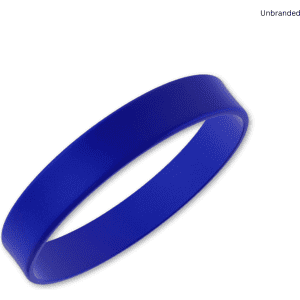 A blue silicone wristband with a smooth finish, featuring a plain design and no visible branding.