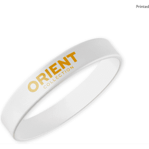 A white silicone wristband featuring a logo in gold print. Ideal for exhibitions and events.