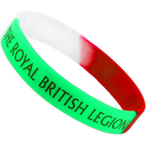 A silicone wristband in green, white, and red with a logo and text around the band.