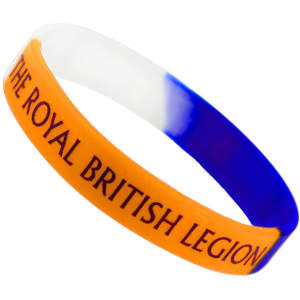 A silicone wristband featuring tri-colour design with blue, white, and orange sections and a logo.