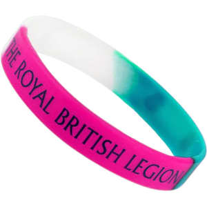A silicone wristband in pink, teal, and white, featuring a logo or branding on its surface.