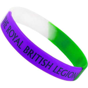 A silicone wristband featuring tri-colour design in purple, white, and green, with a logo.