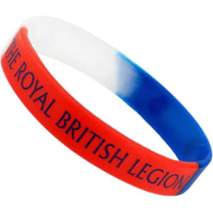 A silicone wristband featuring red, white, and blue colours, with branding on its surface.