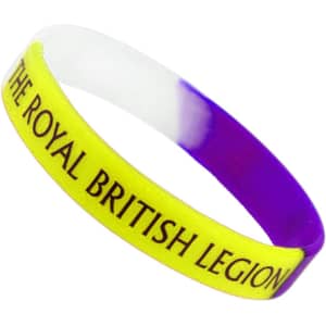 A silicone wristband featuring tri-colour design in purple, white, and yellow with a logo.
