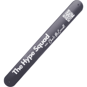 A black silicone slap-band featuring a logo and QR code, designed for promotional use.