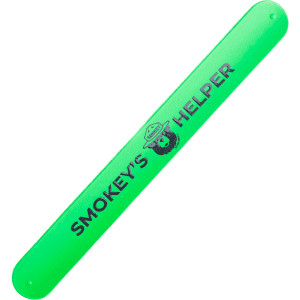 A green silicone slap-band with a logo printed on it.