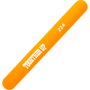 An orange silicone slap band with a logo and text on its surface.