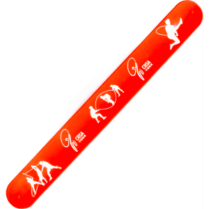 A red silicone slap-band featuring white figures in dynamic poses. It includes a logo.