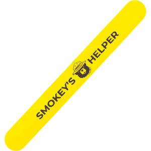 A yellow silicone slap-band with a logo and text printed on it.