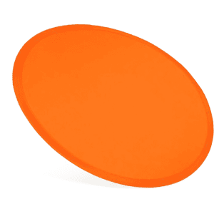 An orange nylon foldable flyer with a smooth surface, designed for outdoor fun and games. It has a logo.