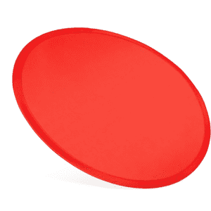 A red nylon foldable flyer with a solid round shape, featuring a branding logo. Ideal for outdoor fun and games.