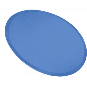 A blue nylon foldable flyer with a circular shape, featuring a logo on its surface.