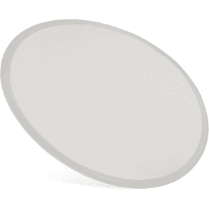 A nylon foldable flyer in a circular shape, featuring a white surface and a grey border.