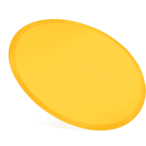 A yellow nylon foldable flyer with a circular shape, designed for fun and games. It features a logo.