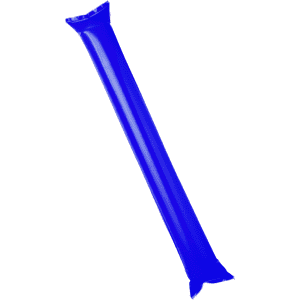 A blue inflatable cheering stick with a tapered end and a smooth surface. It has a logo prominently displayed.